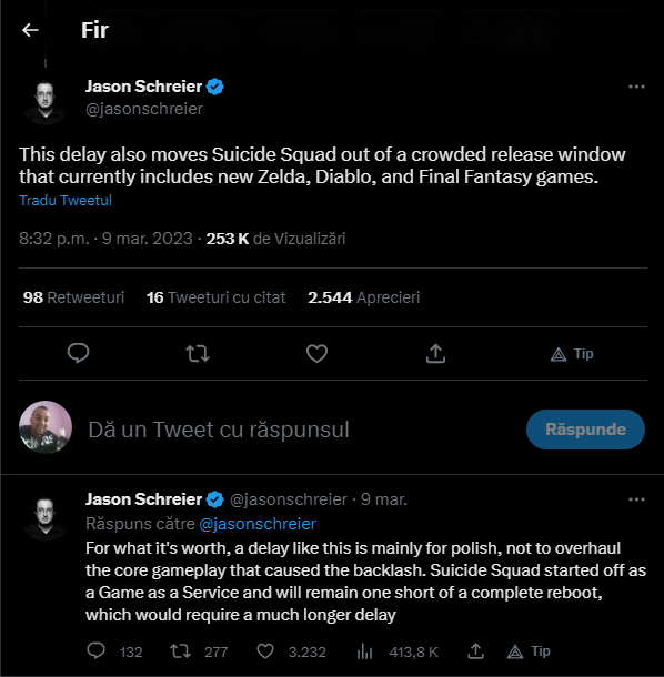 Jason Schreier suicide squad tweet
