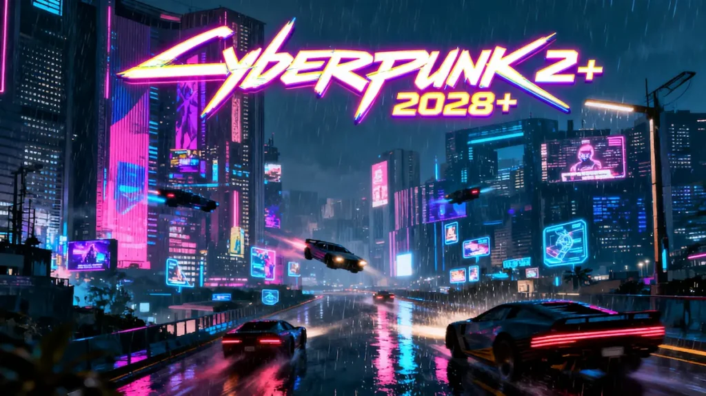 Cyberpunk 2 Project Orion city skyline with neon lights, delayed until 2028 or later