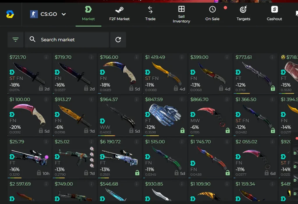 Screenshot dintr-un marketplace CS2 cu listări de skinuri, prețuri și valori float vizibile