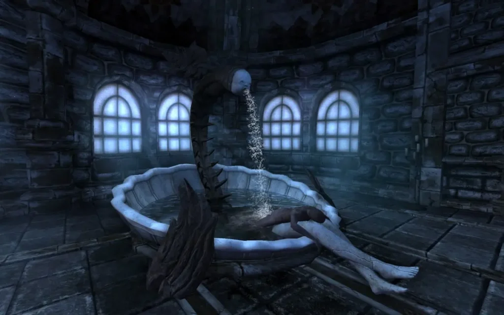 Statuia gargui de la fântână cu un corp întins în apă, din Amnesia The Dark Descent