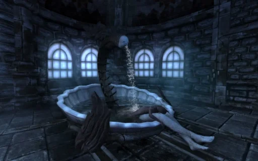 Amnesia The Dark Descent gargoyle fountain statue with body lying in the water