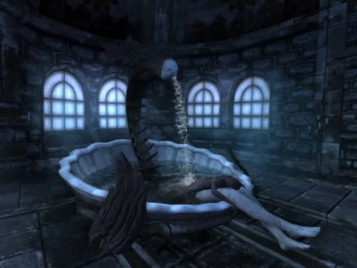 Amnesia The Dark Descent gargoyle fountain statue with body lying in the water
