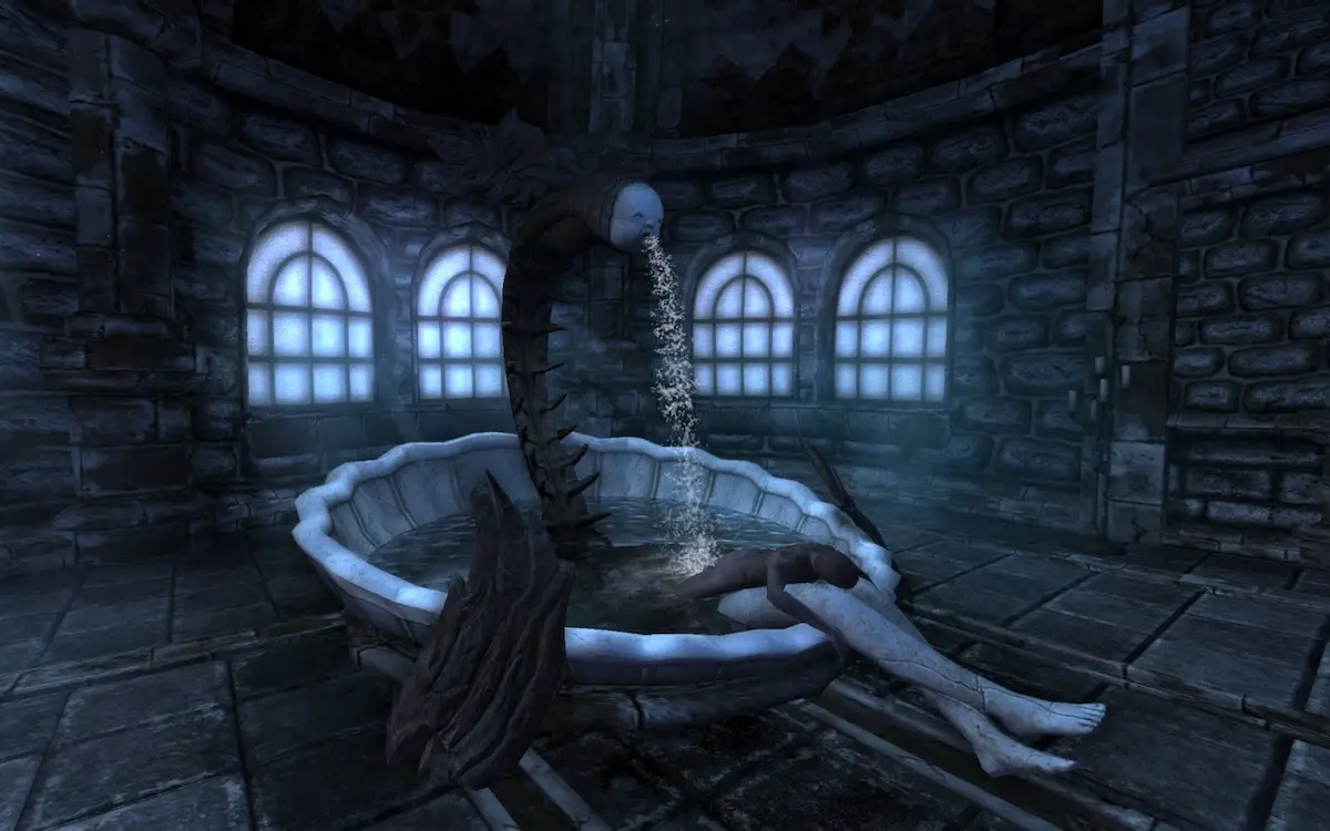 Amnesia The Dark Descent gargoyle fountain statue with body lying in the water