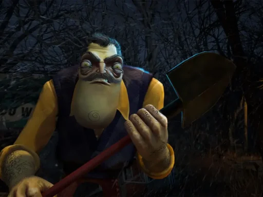 Hello Neighbor 3 antagonist gripping a shovel in the dark, Gamescom 2026