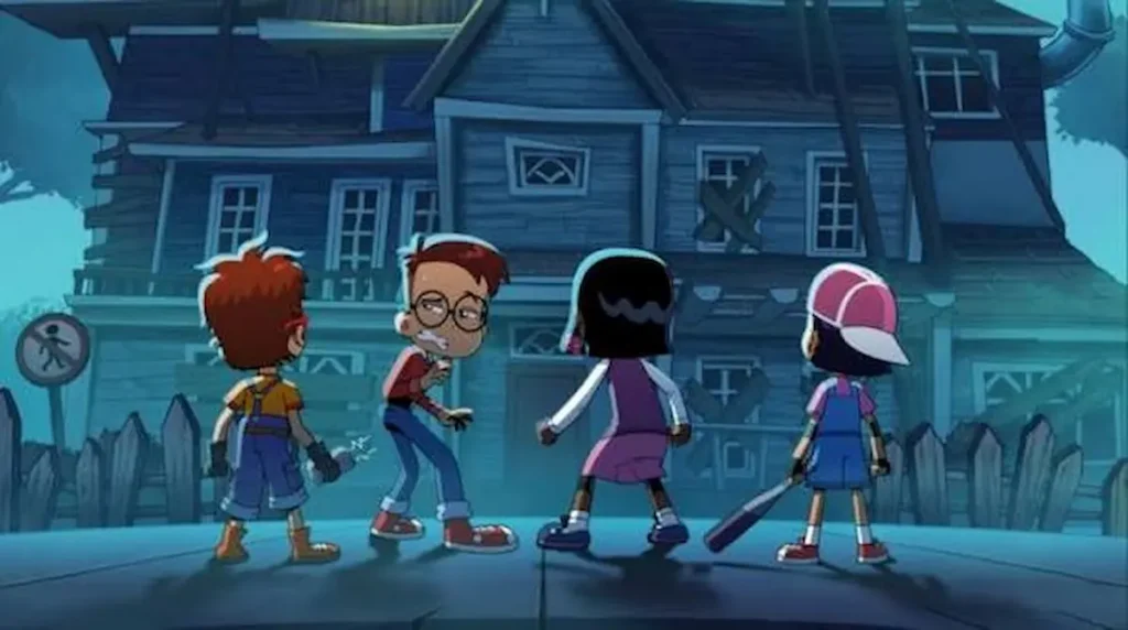 Grup de copii în fața casei terifiante a vecinului, din serialul animat Hello Neighbor