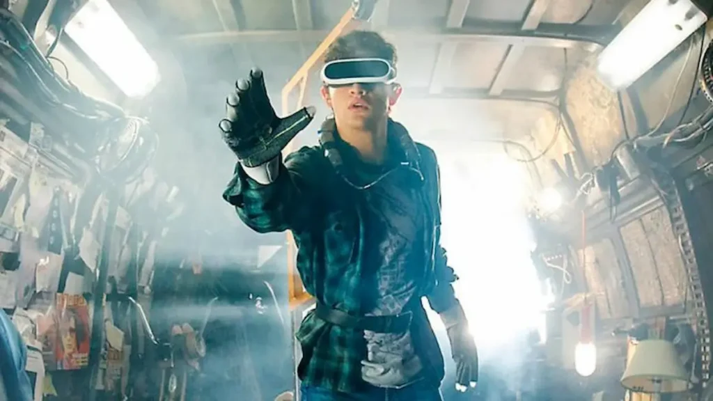Tye Sheridan as Wade Watts wearing a VR headset and haptic gloves inside the OASIS in Ready Player One