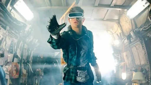 Tye Sheridan as Wade Watts wearing a VR headset and haptic gloves inside the OASIS in Ready Player One