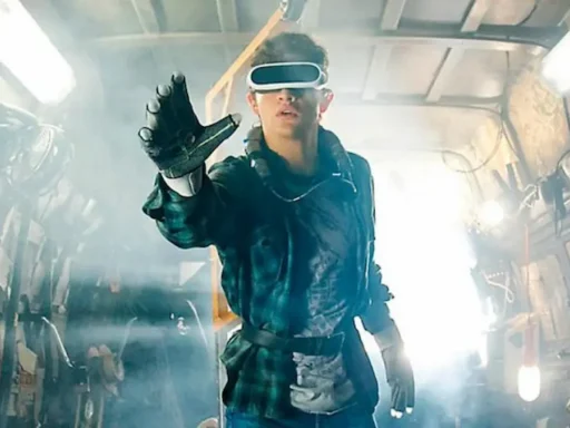 Tye Sheridan as Wade Watts wearing a VR headset and haptic gloves inside the OASIS in Ready Player One