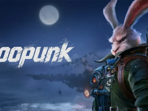 ZOOPUNK key art showing Rayton the Rabbit in profile with an airship and full moon in the night sky behind him