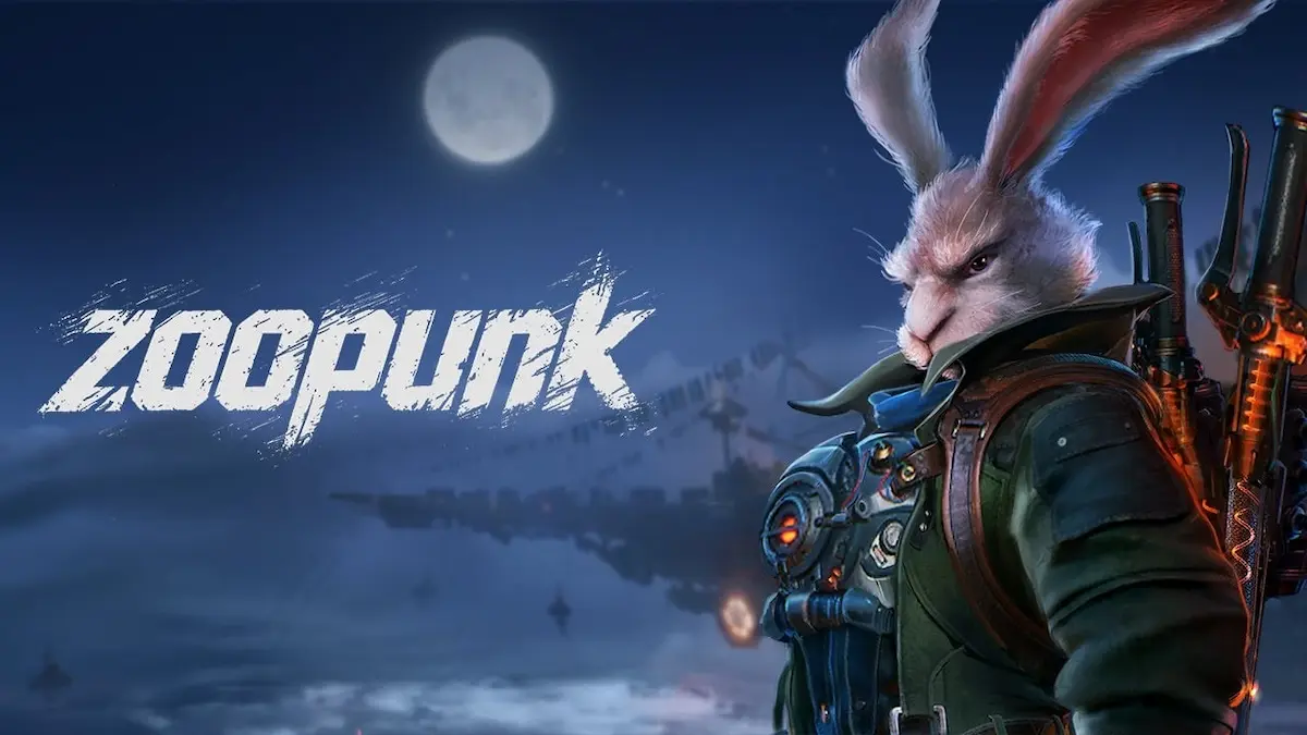 ZOOPUNK key art showing Rayton the Rabbit in profile with an airship and full moon in the night sky behind him