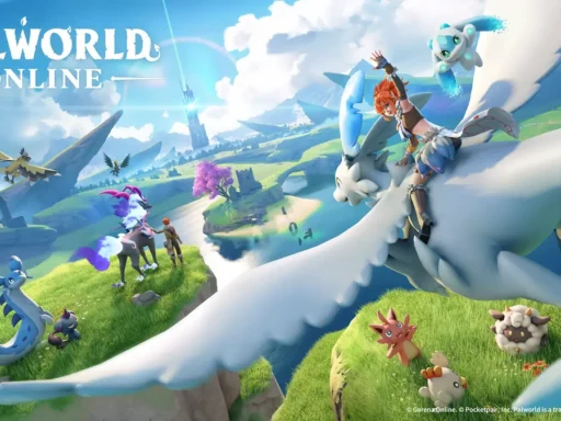 Palworld Online key art with character riding a flying Pal over an open wor