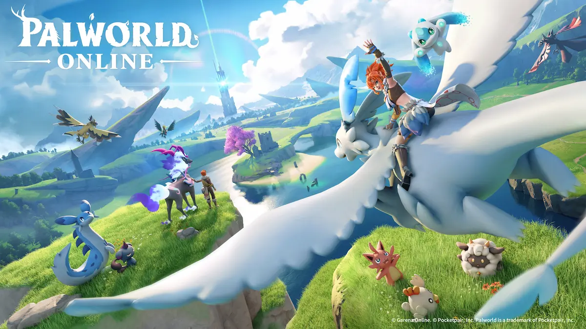 Palworld Online key art with character riding a flying Pal over an open wor
