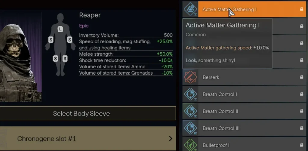 Ecranul de selecție Body Sleeve din Active Matter, cu Reaper și lista lungă de chronogenes încă blocate