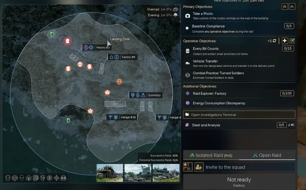 Harta raidului Factory din Active Matter, cu Landing Zone, obiectivele marcate și panoul de obiective primare, operative și adiționale