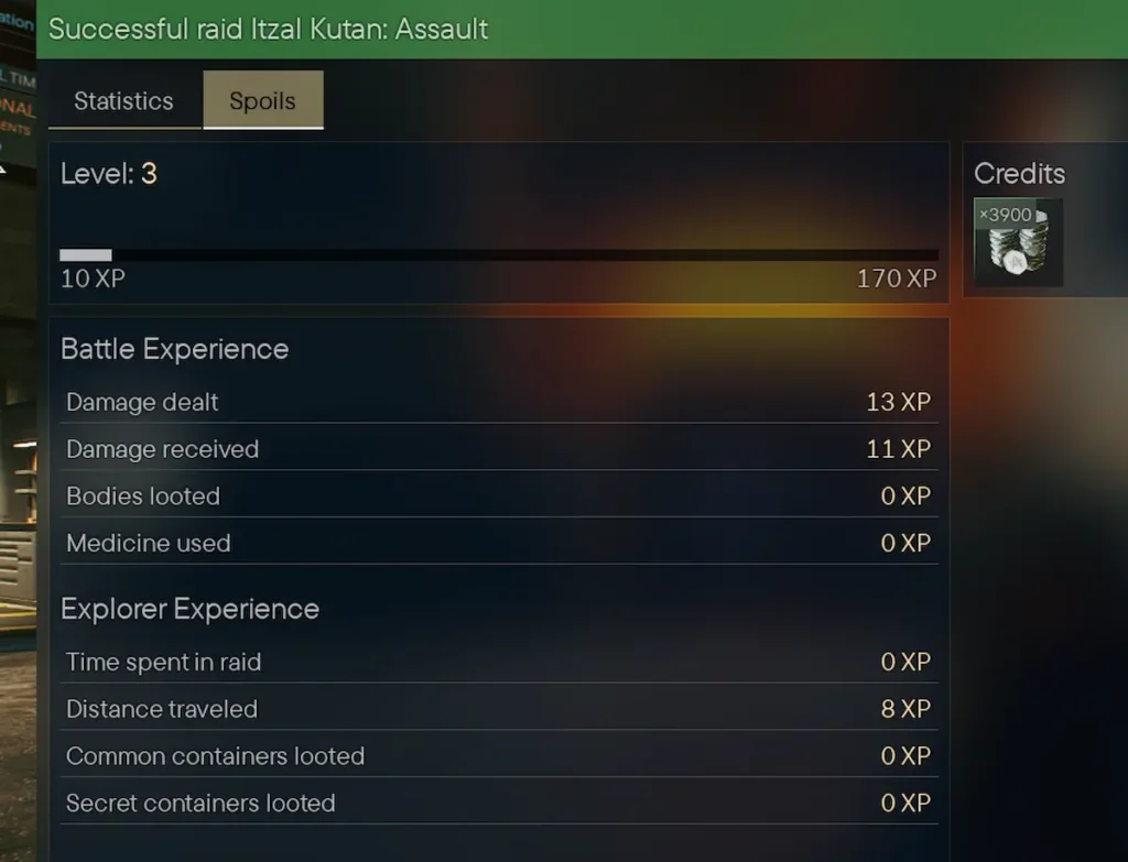 Ecranul de debriefing al unui raid Hired Ops Assault reușit în Active Matter, cu XP-ul defalcat pe Battle Experience și Explorer Experience