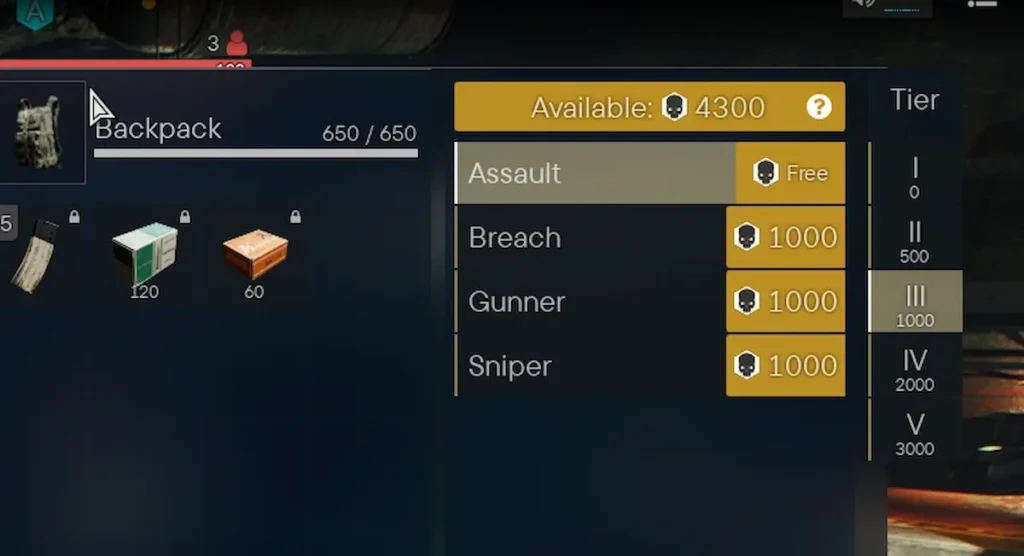 Ecranul de upgrade din Hired Ops, cu rolurile Assault, Breach, Gunner și Sniper și tier-urile de echipament I-V