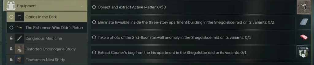 Investigations Terminal din Active Matter, cu investigația "Optics in the Dark" și obiectivele pentru raidul Shegolskoe