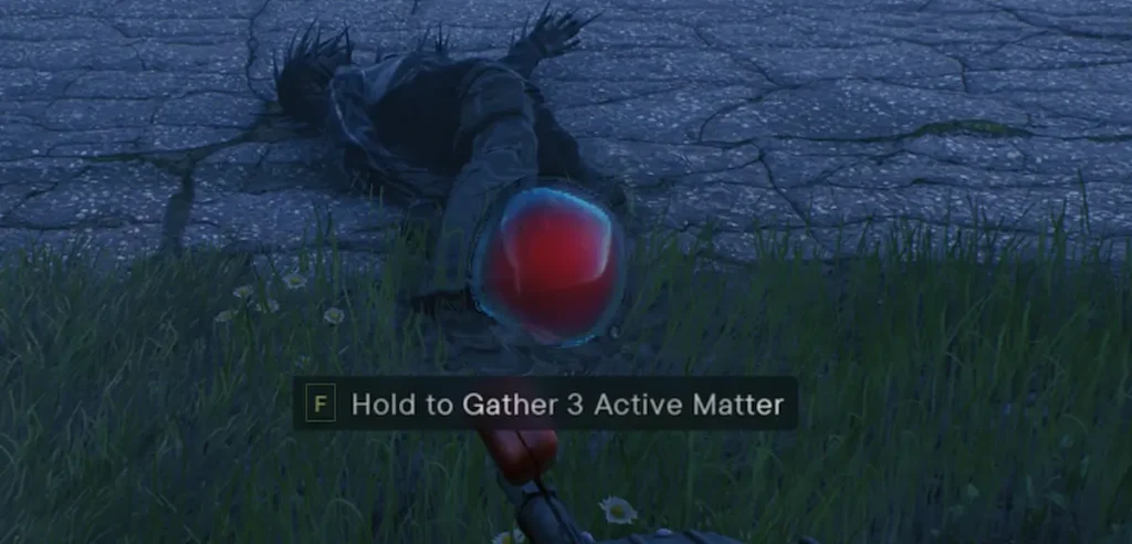 Colectarea Active Matter direct din teren în Active Matter, cu prompt-ul "Hold to Gather 3 Active Matter" lângă un corp
