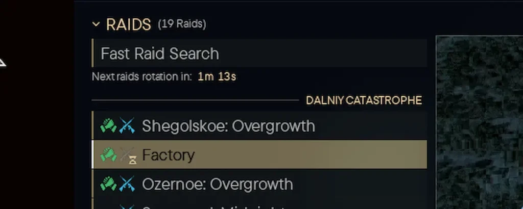 Lista de raiduri din Active Matter, cu timer-ul "Next raids rotation in: 1m 13s" și raidul Factory blocat parțial