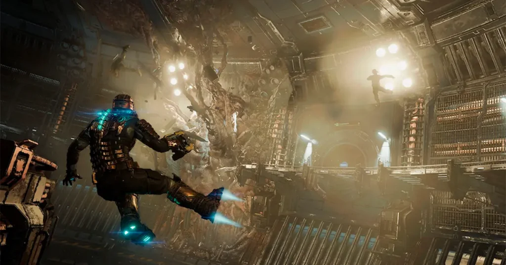 Isaac Clarke în costumul de inginer, cu Plasma Cutter în mână, pe un coridor întunecat al navei USG Ishimura, în Dead Space Remake
