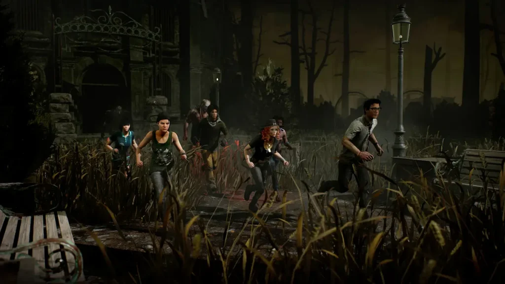 Criminal care urmărește un supraviețuitor printre copaci și ceață, pe o hartă întunecată din Dead by Daylight