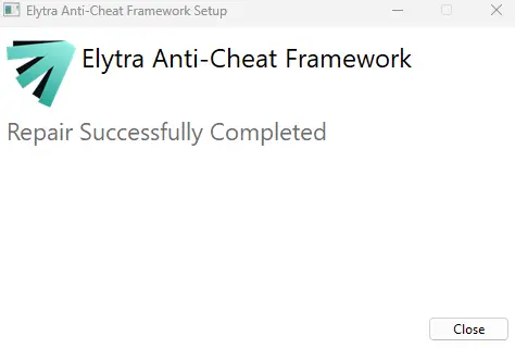 Fereastra Elytra Anti-Cheat Framework Setup cu mesajul Repair Successfully Completed