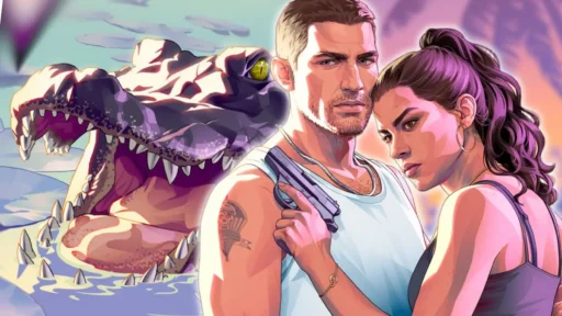 Stylized artwork of Jason and Lucia from GTA 6 with an alligator looming behind them in the Leonida swamps