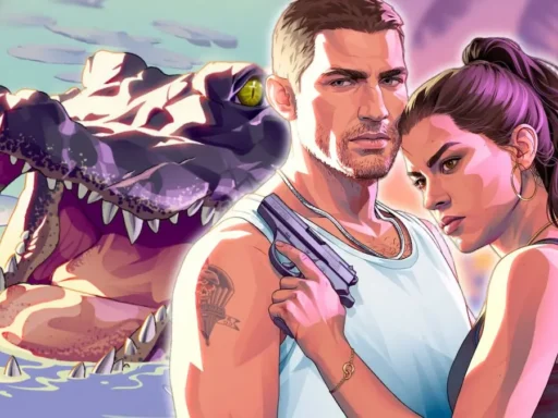 Stylized artwork of Jason and Lucia from GTA 6 with an alligator looming behind them in the Leonida swamps