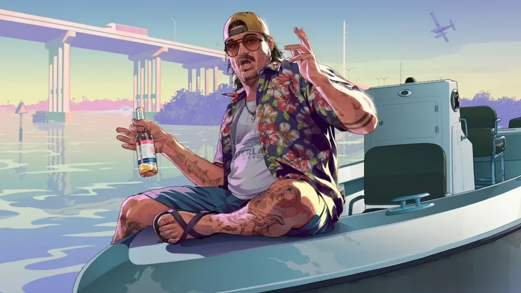 Cal Hampton stă pe o barcă cu o bere în mână, artă cheie GTA 6 realizată de Rockstar Games