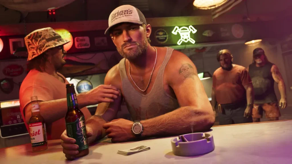 Jason Duval poartă o șapcă Brian's Boat Works and Marina în timp ce vorbește cu un prieten la bar, captură din GTA 6