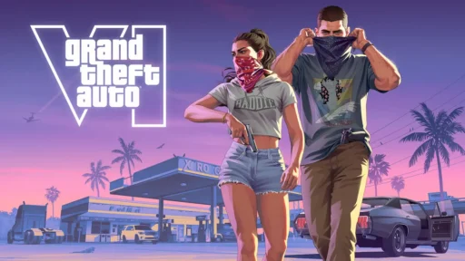 Jason and Lucia masking up for a robbery in front of a gas station, GTA 6 key art with logo