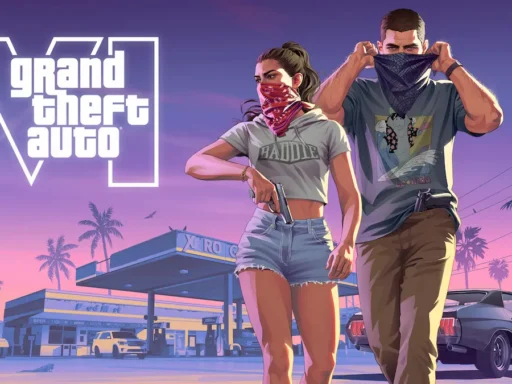 Jason and Lucia masking up for a robbery in front of a gas station, GTA 6 key art with logo