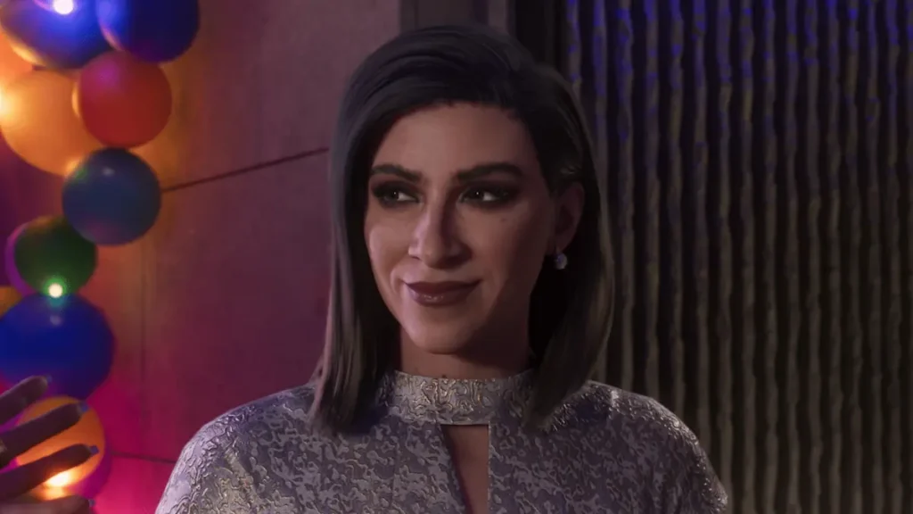 Petra Navarro zâmbește la petrecerea Megamundo, cu baloane în fundal, captură din GTA 6