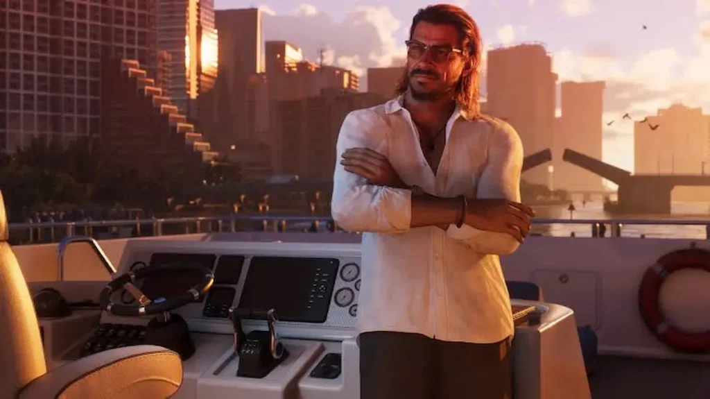 Raul Bautista stă pe o barcă, cu orizontul din Vice City în spate la apus, captură din GTA 6