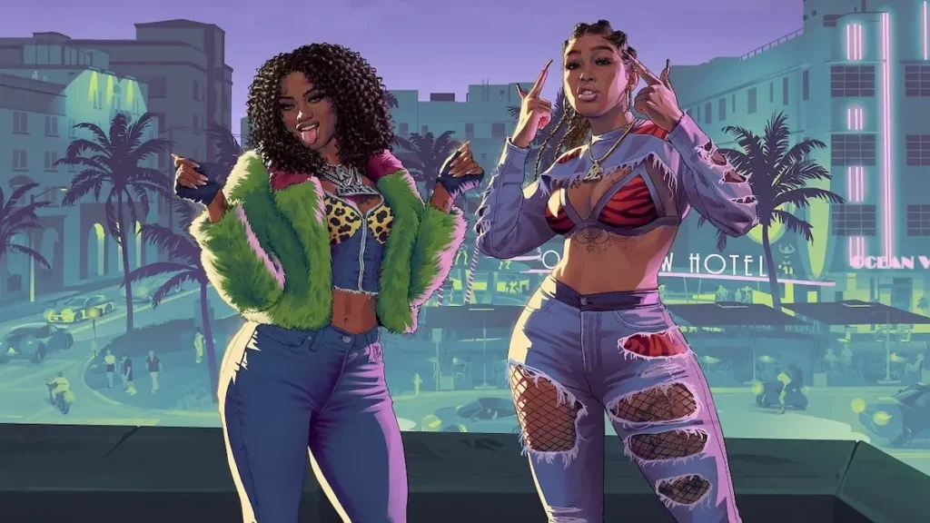 Bae-Luxe și Roxy din Real Dimez pozează împreună în Vice City, artă cheie GTA 6