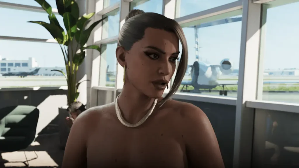 Valentina vorbește lângă o fereastră cu vedere spre Aeroportul Internațional Vice City, captură din GTA 6