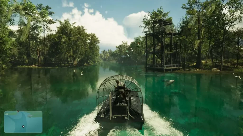 Airboat cruising through the Grassrivers swamp in GTA 6 with birds flying near a wooden watchtower
