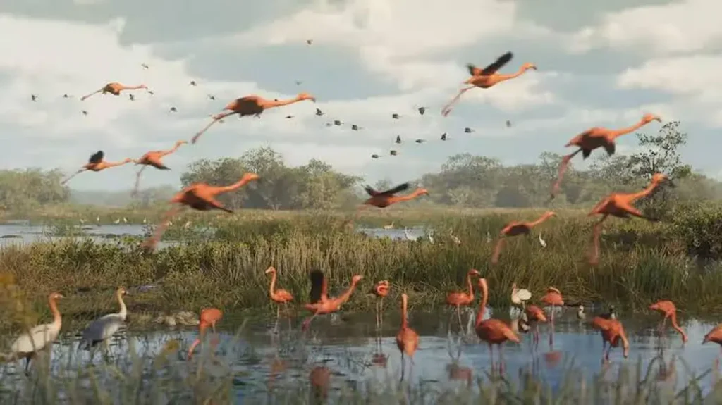 Flock of American flamingos flying and wading through the wetlands of Leonida in GTA 6