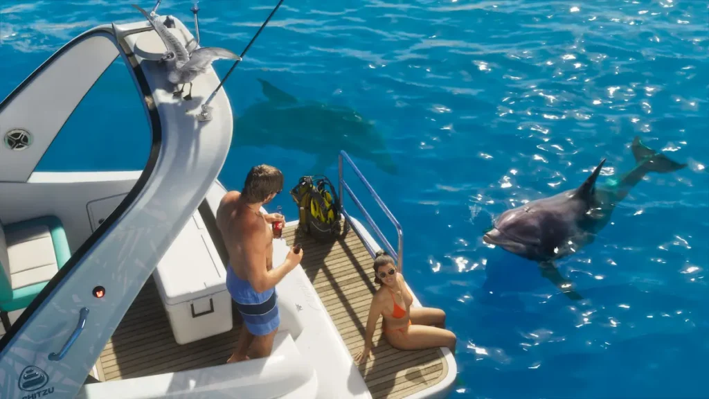 Jason and Lucia relaxing on a boat in GTA 6 with scuba diving gear on deck and two dolphins swimming beside them in Leonida's waters