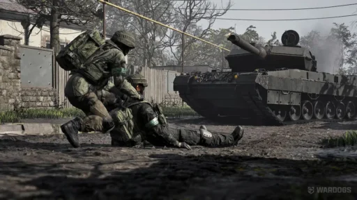 Ghid Wardogs pentru începători, soldat care trage un coechipier rănit la adăpost, cu un tanc în fundal