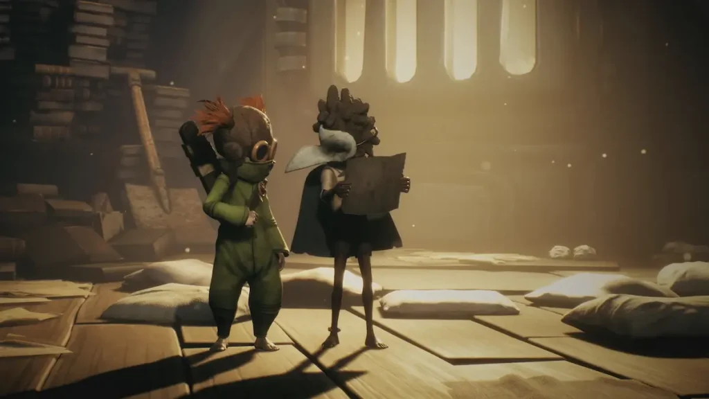 Low, cu masca de corb și arcul, alături de Alone, cu cheia franceză, într-un decor întunecat și uriaș, în Little Nightmares III