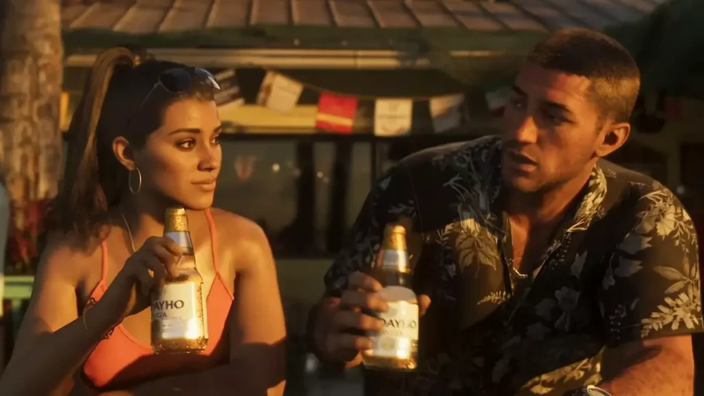 Lucia and Jason sharing a drink together at sunset in a GTA 6 gameplay trailer scene
