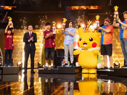 Champions holding trophies on stage with a Pikachu mascot at the 2026 Pokemon World Championships closing ceremony in San Francisco