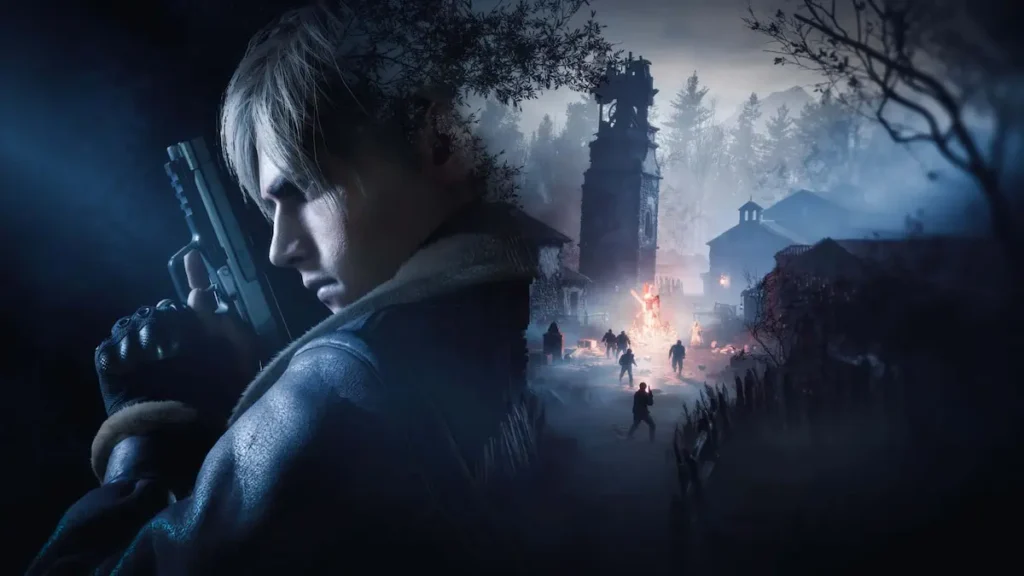 Leon S. Kennedy cu pistolul în mână, înconjurat de săteni infectați într-un sat întunecat din Resident Evil 4 Remake
