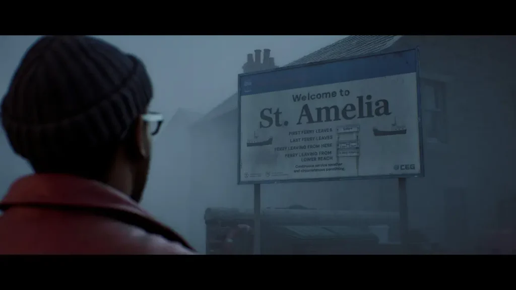 Orășelul scoțian St. Amelia, învăluit în ceață pe malul mării, în Silent Hill: Townfall