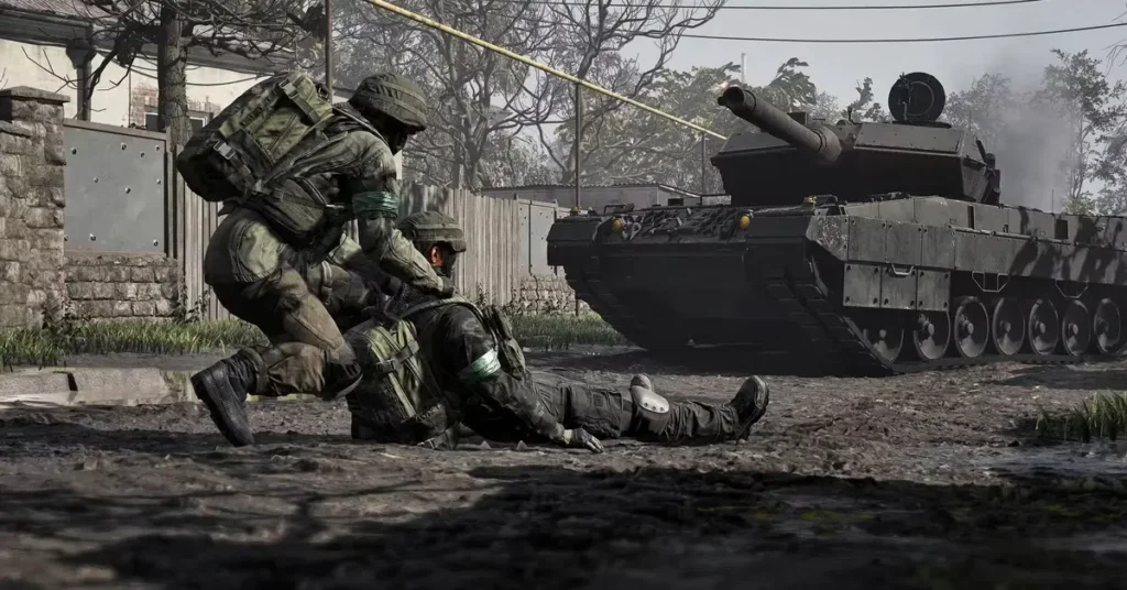 Wardogs squad reviving a downed teammate near a tank on the battlefield