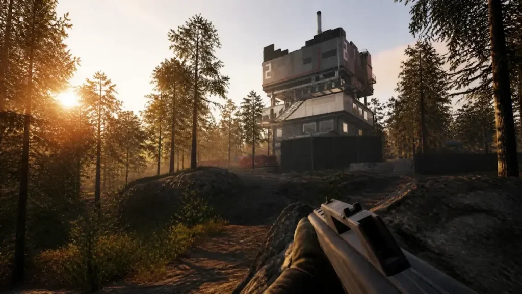 In-game view of a numbered Wardogs tower on Bakurani, approached through the forest at sunrise
