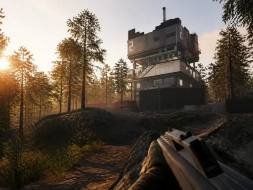 In-game view of a numbered Wardogs tower on Bakurani, approached through the forest at sunrise
