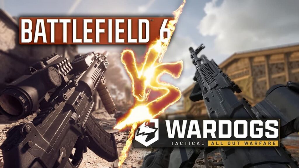 Wardogs vs Battlefield 6 comparison, split image with weapons from both games and VS graphic