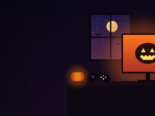 Setup de gaming de Halloween cu monitor și dovleac